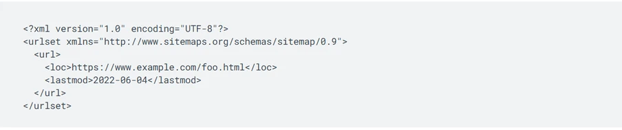 XML-Sitemap Snippet: urlset mit einem url-Eintrag; loc https://www.example.com/foo.html; lastmod 2022-06-04.
