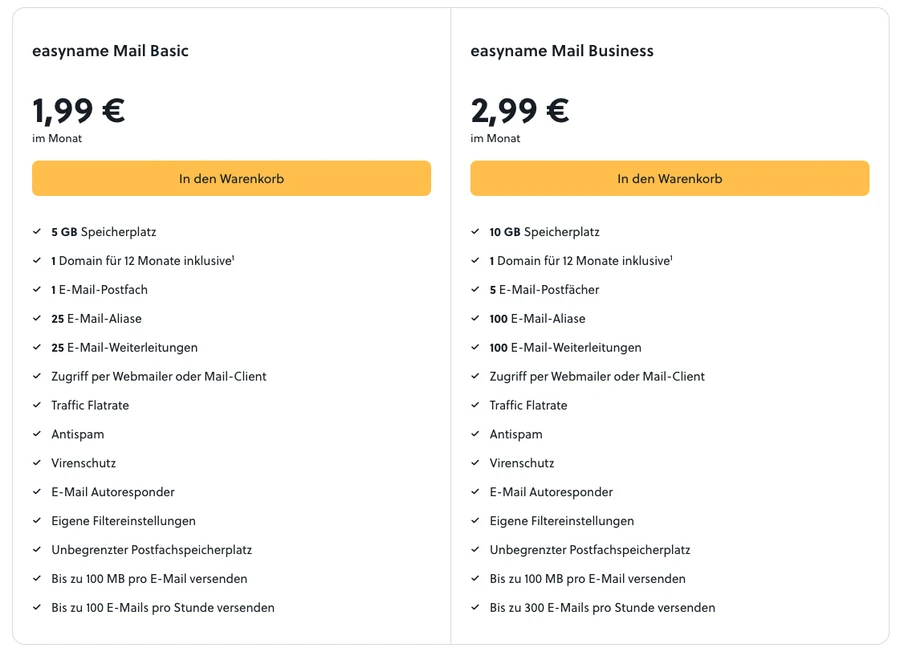 Zwei Preispläne nebeneinander: Mail Basic 1,99 € im Monat; Mail Business 2,99 € im Monat, orange Buttons In den Warenkorb.