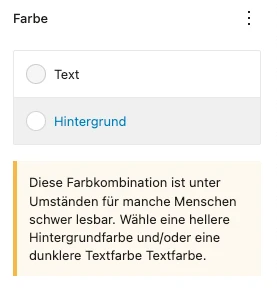 Farbe: zwei Radiobuttons 'Text' und 'Hintergrund'; beige Hinweisbox mit gelber vertikaler Leiste links.