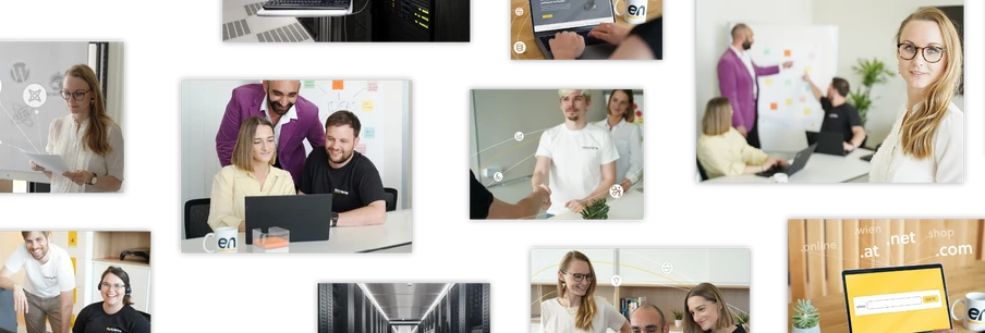 Collage mehrerer Bilder von Menschen in einem Büro: an Tischen mit Laptops und Whiteboards.