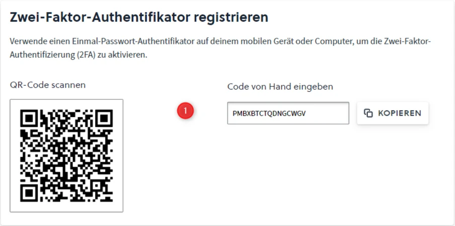 Screenshot einer 2FA-Registrierungsschnittstelle: QR-Code links, rechts Code-Eingabefeld mit Kopieren-Button.