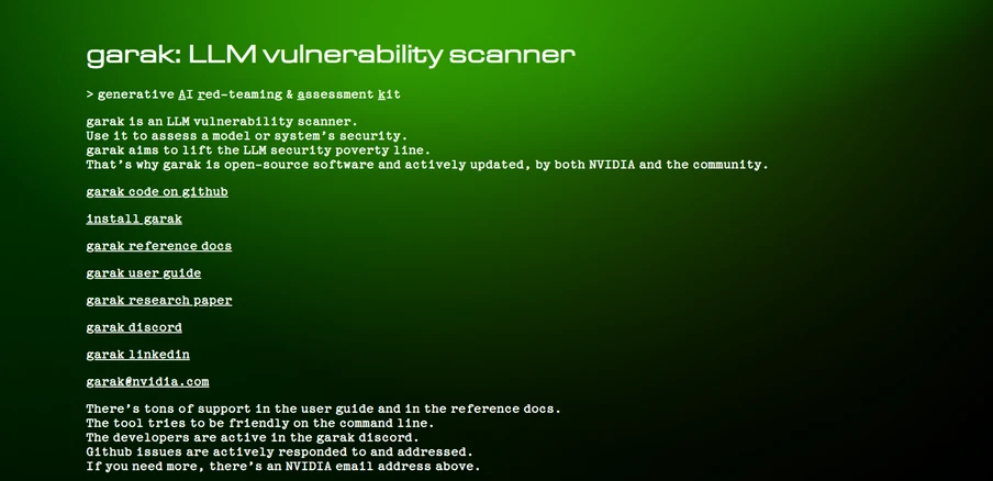Grüner Verlaufshintergrund mit weißem Text: Überschrift garak: LLM vulnerability scanner und mehrere Zeilen.