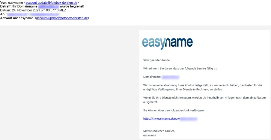 Screenshot einer E-Mail-Oberfläche: links grauer Bereich, rechts weißes Panel mit easyname-Logo und Textblöcken.
