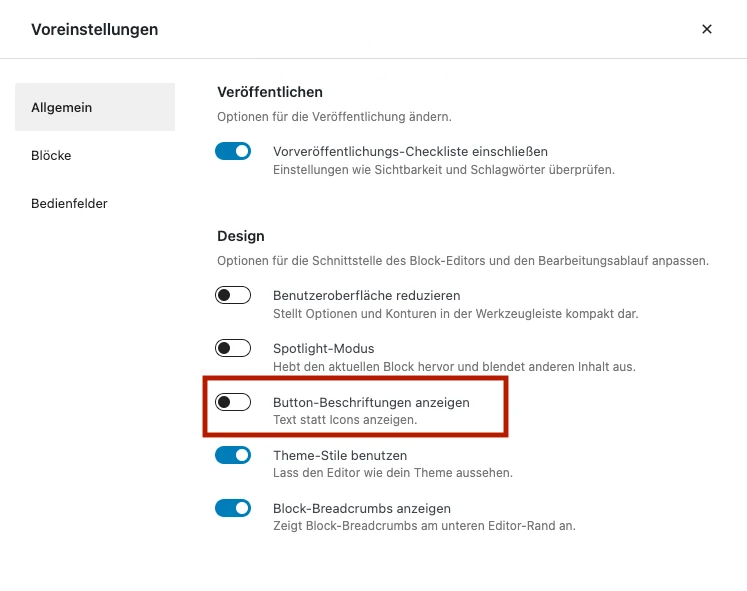 Einstellungsfenster: linke Seitenleiste mit Allgemein, Blöcke, Bedienfelder; roter Rahmen um Button-Beschriftungen anzeigen.