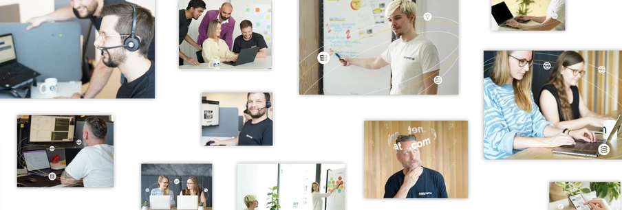 Kollage mehrerer Personen in Büro-Umgebung: Arbeit an Laptops/PCs, Whiteboards und Besprechungen.