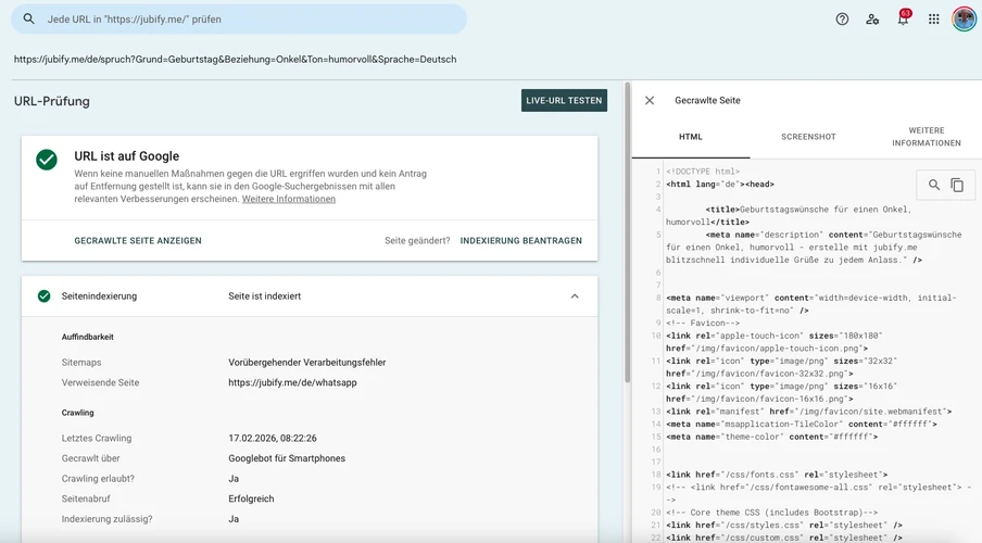 Screenshot eines Browserfensters mit zwei Spalten: links 'URL ist auf Google' mit Häkchen, rechts HTML-Quellcode.