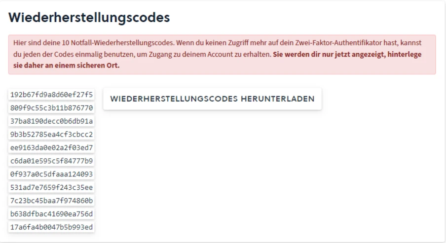UI-Fenster: Titel Wiederherstellungscodes, rosa Hinweistext, Codes-Liste links, Button 'Wiederherstellungscodes herunterladen'