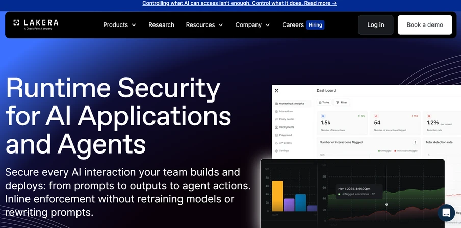 Screenshot einer Website mit Navigationsleiste, Titel 'Runtime Security for AI Applications and Agents' und Dashboard.