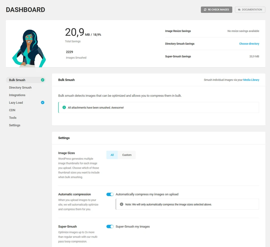 Dashboard mit Seitenleiste, Avatar links, Anzeige 20,9 MB und Einstellungen wie Bulk Smush.