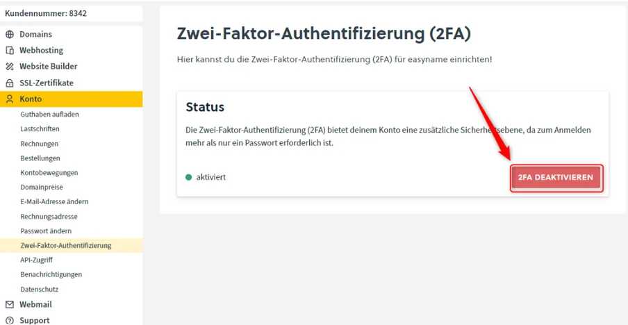 Screenshot einer 2FA-Einstellungsseite mit linker Seitenleiste, Status aktiv und rotem Deaktivieren-Button.