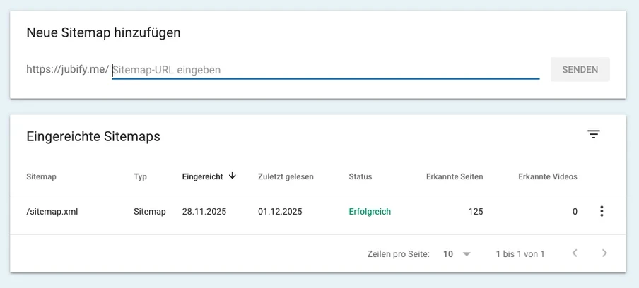 Screenshot: Sitemap-Verwaltung, URL-Eingabe, Senden; Tabelle mit /sitemap.xml, Status Erfolgreich, 125 Seiten.
