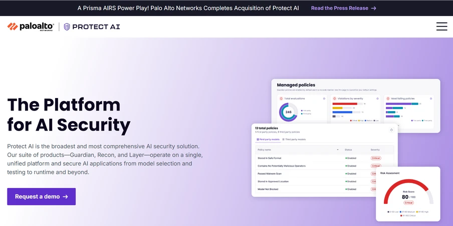 Website-Screenshot: linke Spalte Überschrift 'The Platform for AI Security' mit Button; rechte Seite Diagramme; lila Verlauf.