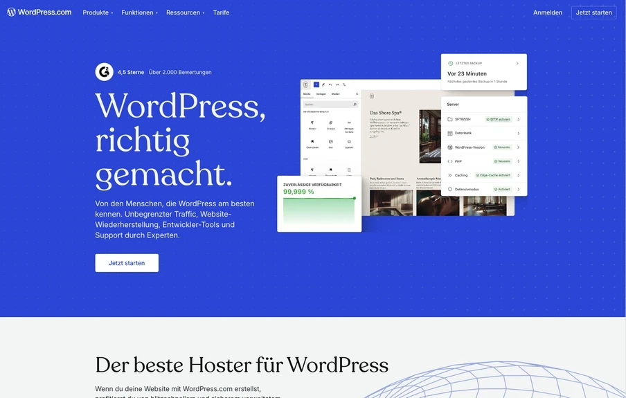 Blauer WordPress-Header mit dem Text WordPress, richtig gemacht. Rechts Fenster-Thumbnails; links Logo und Button.
