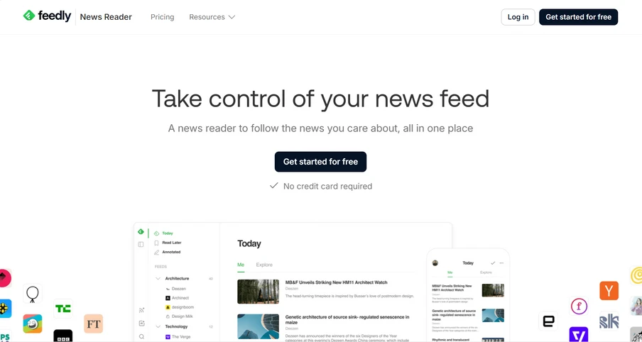 Weiße Landingpage mit Überschrift Take control of your news feed, Unterzeile, Button Get started for free und UI-Vorschau.