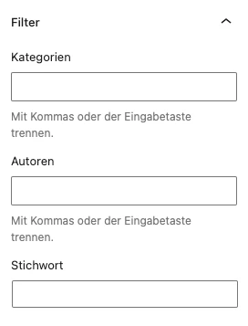 Filter-Panel mit Überschrift Filter; drei Eingabefelder: Kategorien, Autoren, Stichwort; Platzhaltertext sichtbar.