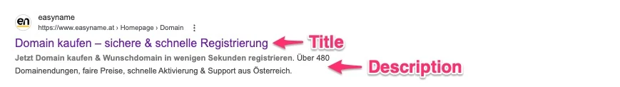 Website-Header mit Logo easyname und Text Domain kaufen – sichere & schnelle Registrierung sowie pinke Pfeile.