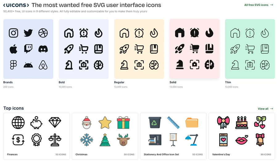 Screenshot einer Webseite mit Icon-Sets in Pastellfarben; schwarze SVG-Icons, Banner mit uicons und Top icons.