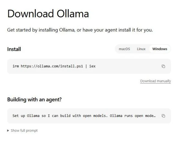 Ollama-Installationsseite: Windows-Tab, Codezeile 'irm https://ollama.com/install.ps1 | iex', Link 'Download manually'.