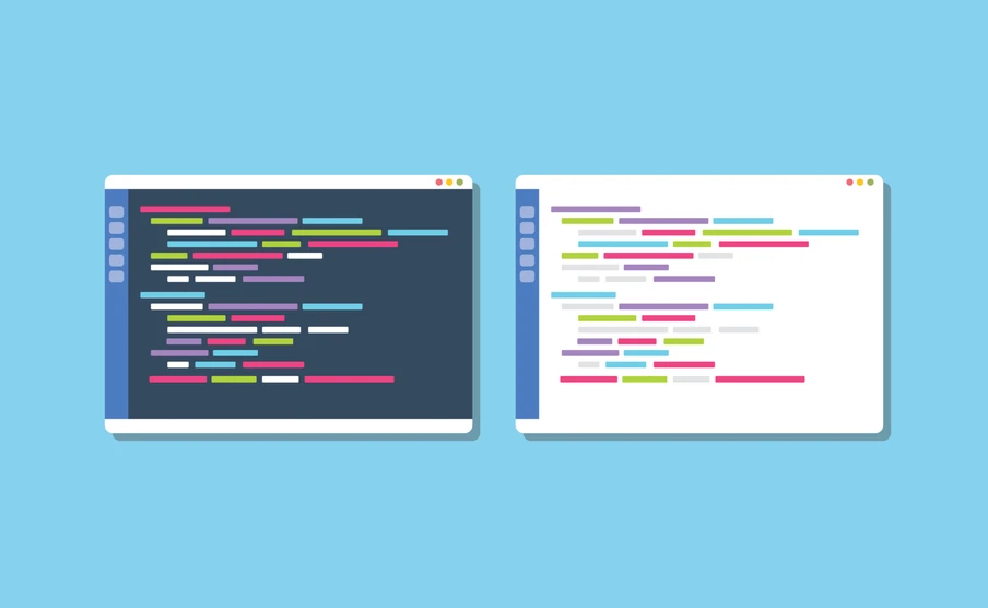 dark or white theme programming text editor compare vector illustration