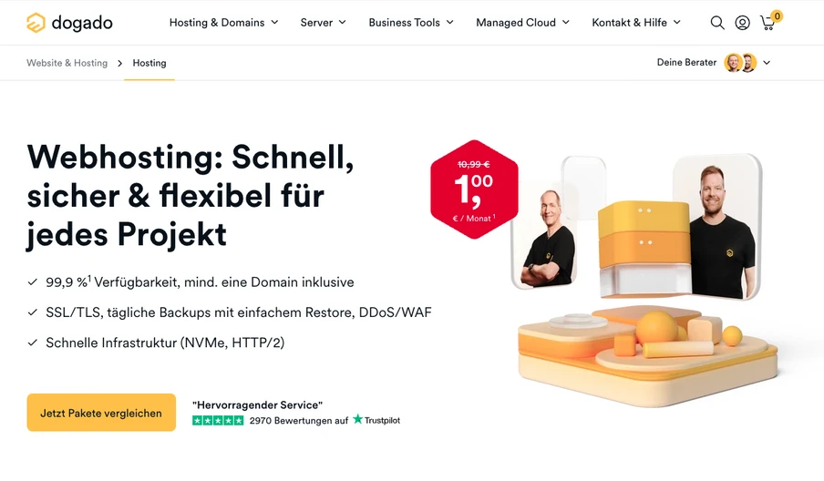 Webhosting-Hero: linke Überschrift und Stichpunkte; rechts 3D-Orange-Block, rotes Preis-Siegel und zwei Porträts.
