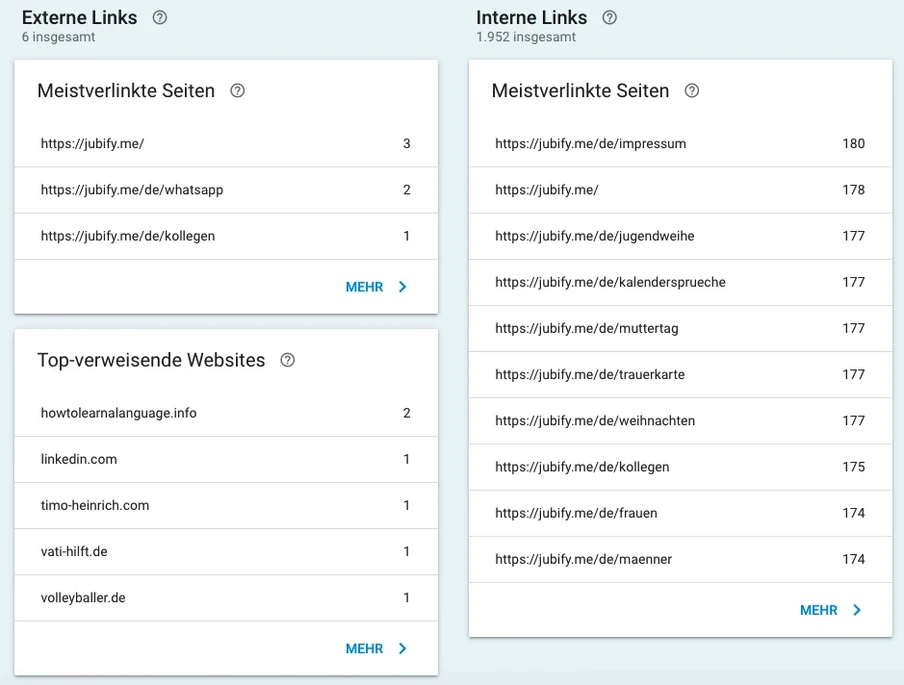 Screenshot eines Dashboards mit zwei Spalten: Externe Links und Interne Links, jeweils Listen mit URLs.