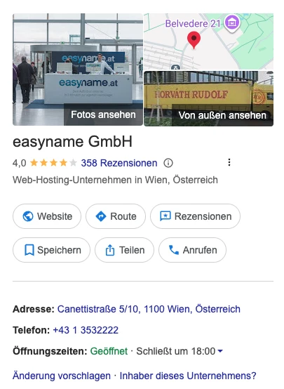 Zwei Bildausschnitte: Links Empfangstheke mit Schild 'easyname.at'; rechts Karte mit Standortpin.