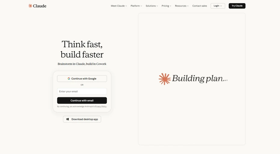 Geteilter Bildschirm: Linkes Login-Panel mit Think fast, build faster; rechtes Feld mit Building plan... und Stern-Logo.