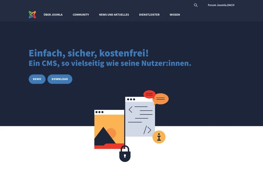 Dunkler Heldenbereich mit Überschrift und zwei Buttons; Illustration aus Webseiten- und Dokumentensymbolen, Bergbild, Sprechblase und Schloss.