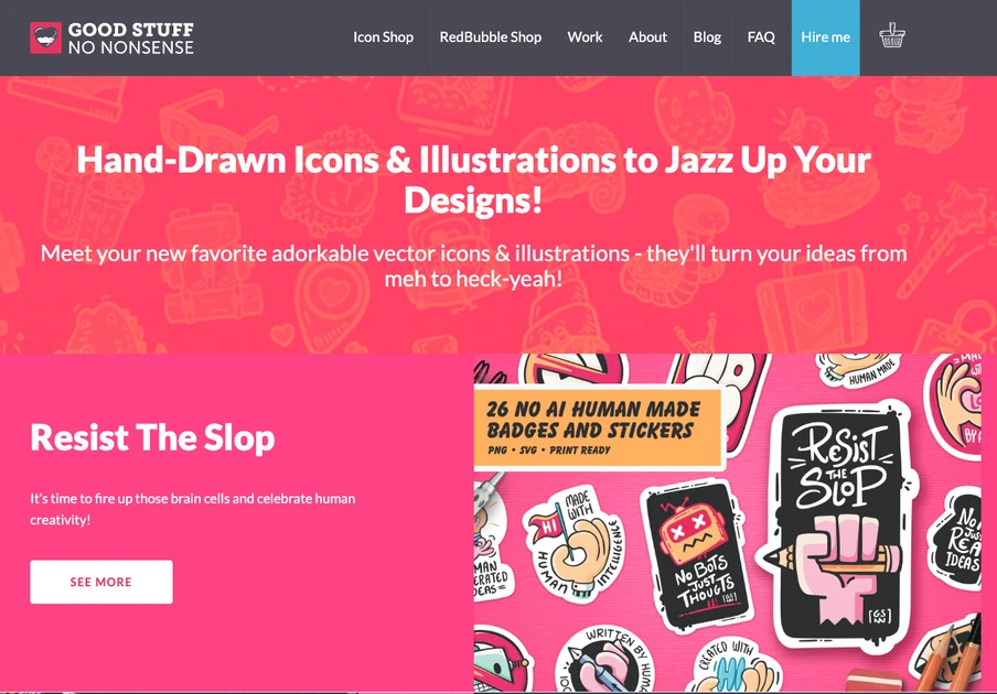 Webseitenkopf mit dunkler Navigation, pinkem Heldenbereich mit Text, Sticker-Collage rechts; 'Resist The Slop' Button