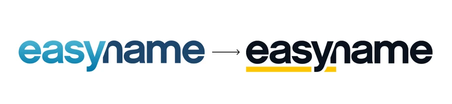 Zwei Logos: links blaues easyname, rechts schwarzes easyname mit gelber Linie darunter; Pfeil dazwischen.