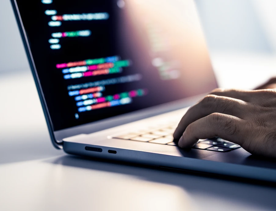 Laptop mit geöffnetem Bildschirm, farbiger Code sichtbar; eine Hand tippt auf der Tastatur.