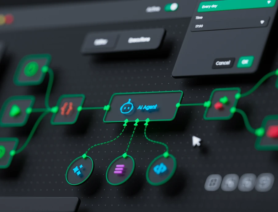 Dunkler Bildschirm mit Netzwerkdiagramm: zentrale blaue Box verbunden durch grüne Linien zu runden Knoten.