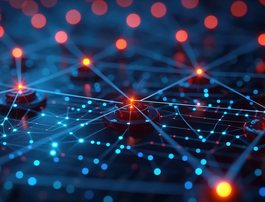 Netz aus blau leuchtenden Linien und orange-roten Knotenpunkten, wie ein digitales Netzwerk.