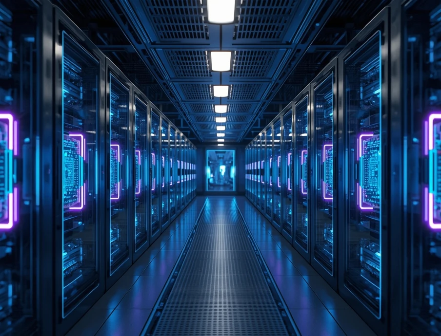 Langgezogener Datenzentrumskorridor mit beidseitig stehenden Serverracks, blaue Neon-LEDs und reflektierenden Metalloberflächen.