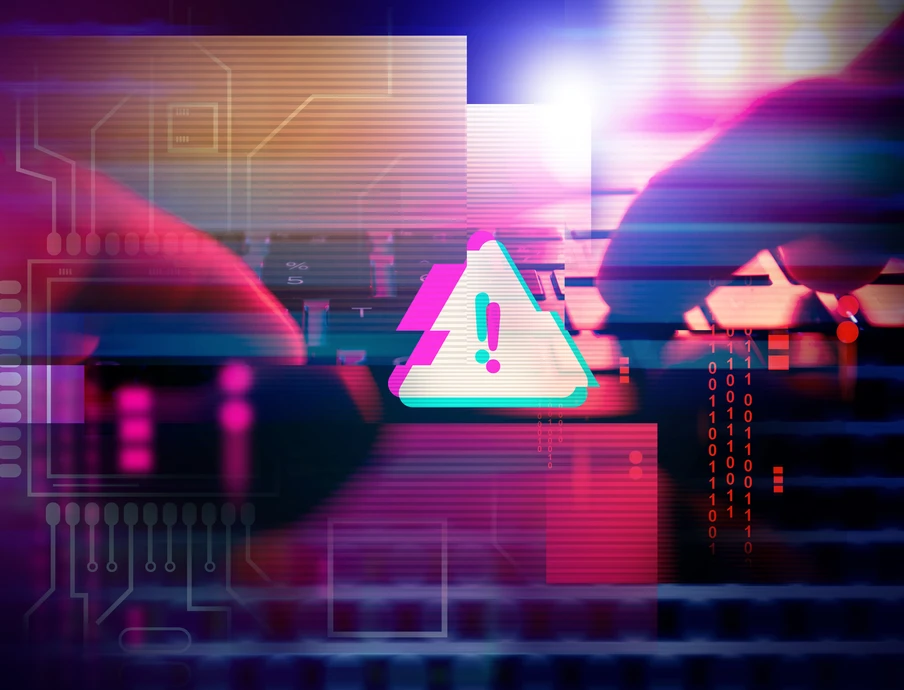 Neonfarbiger Technik-Hintergrund mit digitalen Linien; zentrales weißes Warn-Dreieck mit Ausrufezeichen; pinke und blaue Lichteffekte.