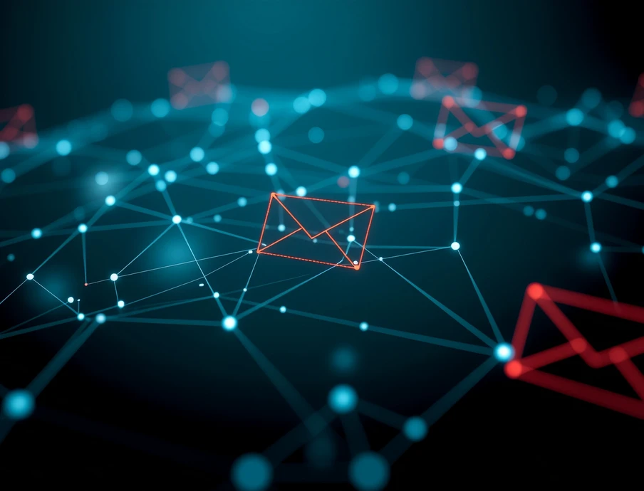 Dunkler Hintergrund mit leuchtendem Netz aus Knoten und Linien; rote E-Mail-Symbole verteilen sich.