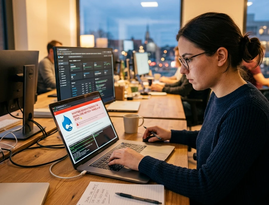 Person mit Brille sitzt am Laptop, Code im Display, Notizblock daneben, Büro mit Monitoren.