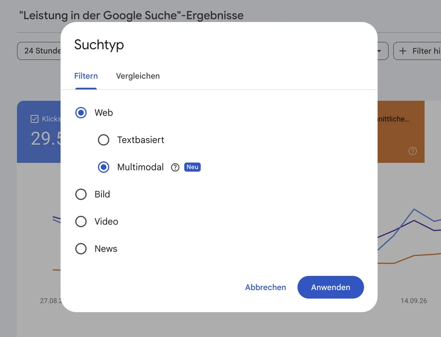 Browserfenster mit weißem, abgerundeten Dialog 'Suchtyp' und Optionen Web, Multimodal (ausgewählt), Abbrechen, Anwenden.