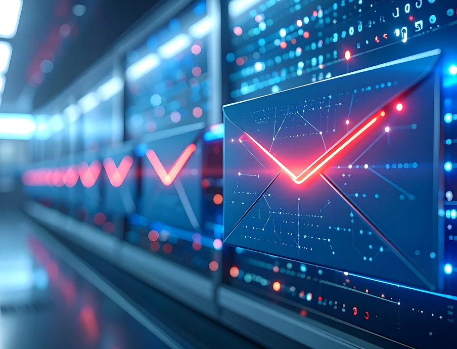 Rechenzentrum mit Serverracks und blauen Lichtern; Monitore zeigen rotes V-Muster.