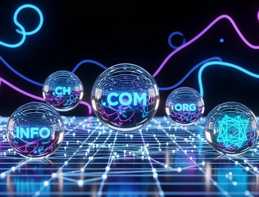 Transparente Glaskugeln mit blau leuchtendem Text (INFO, COM, ORG, APP) auf einem leuchtenden Gitternetz; bunte Neonlinien im Hintergrund.