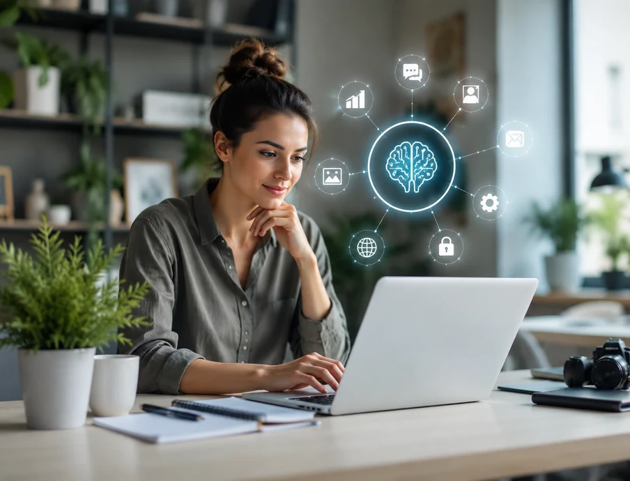 Eine Frau sitzt an einem Laptop am Schreibtisch; über dem Bildschirm schwebt eine holografische Gehirn-Icon-Sammlung mit Symbolen.