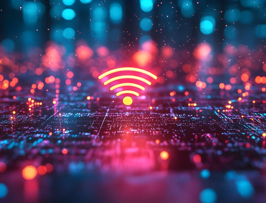 WLAN-Symbol in der Mitte, umgeben von leuchtenden Pixeln in Blau, Pink und Orange auf einem digitalen Raster.