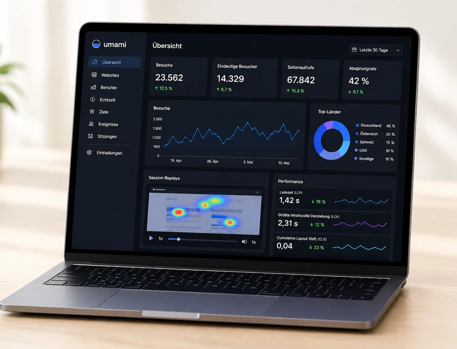 Offener Laptop auf Holztisch; Dashboard mit Diagrammen und Grafiken, linke Seitenleiste, Pflanze im Hintergrund.