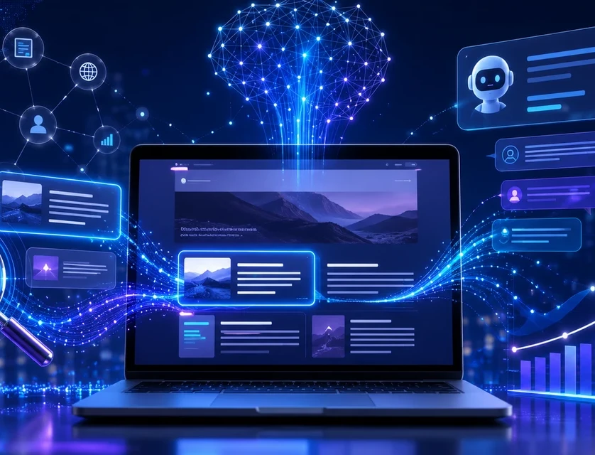 Offener Laptop mit holografischen Displays, Datenströmen, Icons und Diagrammen in blauem Netzmuster.
