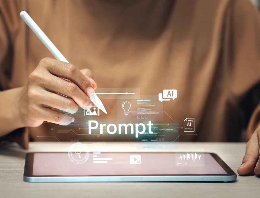 Person mit braunem Oberteil hält Stift über Tablet; holografische UI-Elemente und das Wort 'Prompt' leuchten.