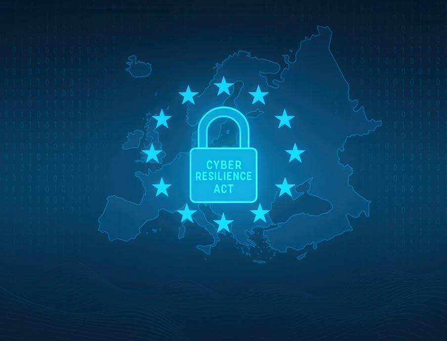 Leuchtendes Vorhängeschloss über einer Europakarte, umgeben von EU-Sternen; Text: CYBER RESILIENCE ACT