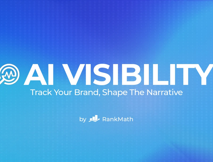 Blauer Gradient-Hintergrund mit weißem Text AI VISIBILITY, Unterzeile Track Your Brand, Shape The Narrative, RankMath-Logo.