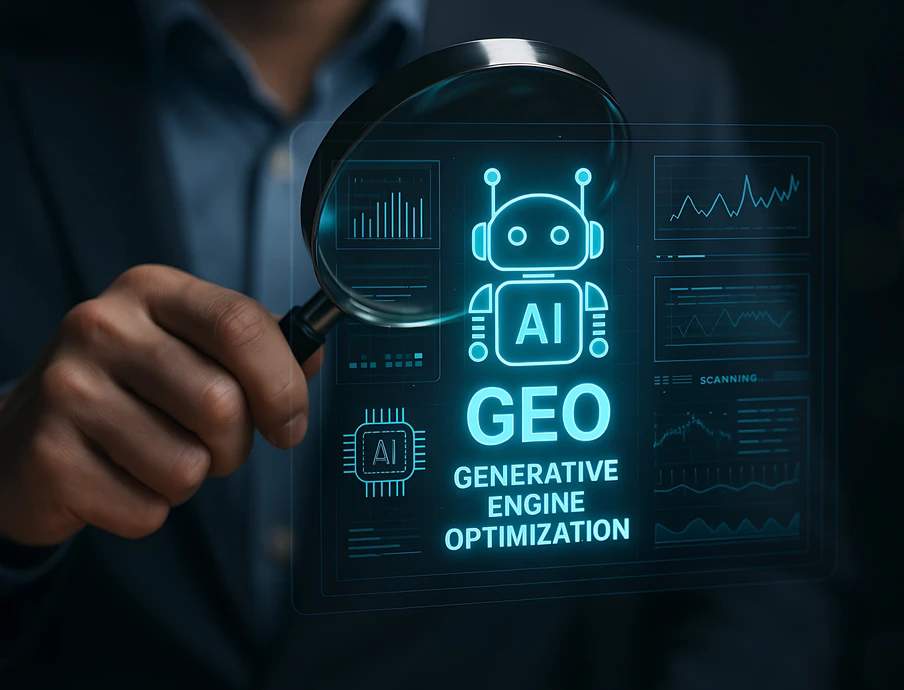 Person im Anzug hält Lupe vor holografischer Anzeige mit AI-Logo, GEO, Generative Engine Optimization und Diagrammen.