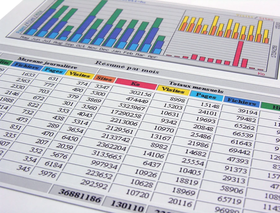 Nahaufnahme eines Dokuments mit Tabellen, Zahlenwerten und bunten Balken- und Säulendiagrammen auf Papier.
