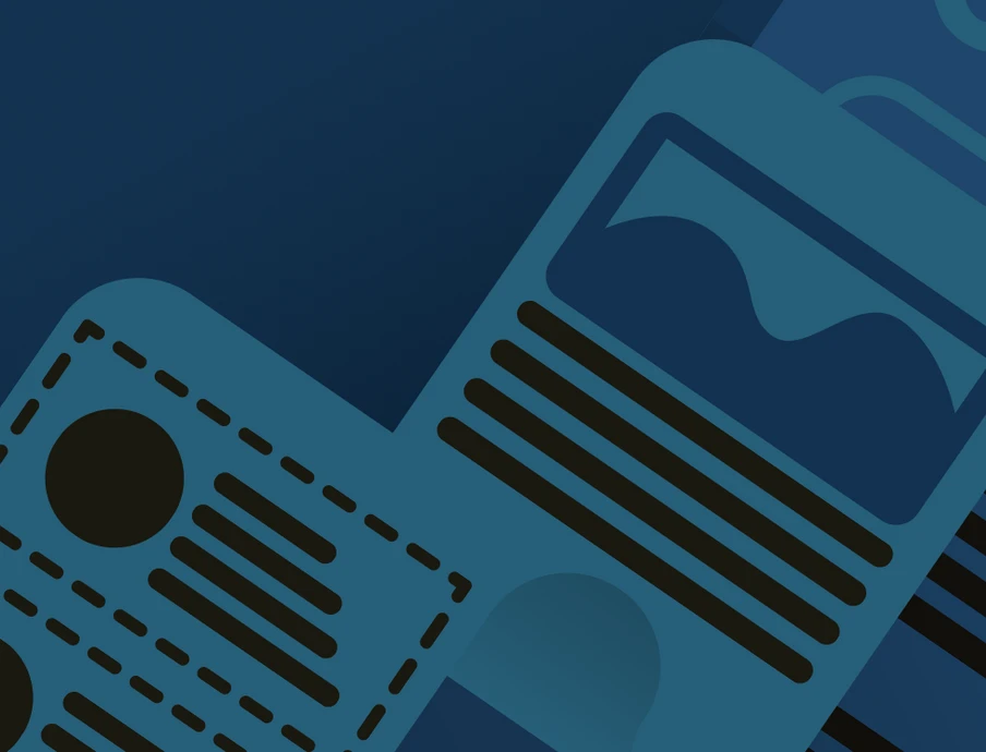 Mehrere überlappende blaue Grafiken mit Bildvorschauen, Textzeilen und dem Wort SEO.